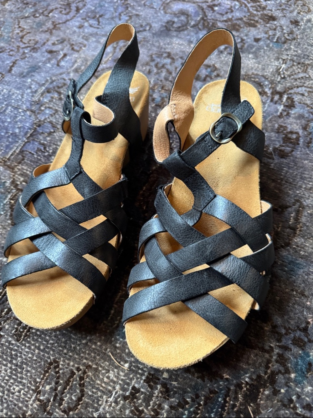 Dansko Black Leather Strappy Wedge Sandals